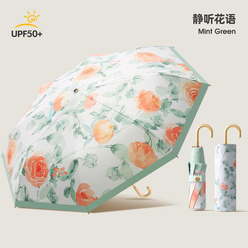 High value three-fold 8-bone small gold hook colored glue fabric sunscreen and UV protection folding parasol can be