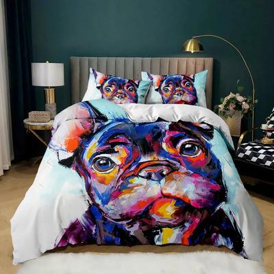 Cartoon Hund Bettwäsche Set Mehrfarbig Aquarell Niedlich Französische Bulldogge Bettwäsche Set Für Mädchen Jungen Polyester Welpen Thema Bettbezug