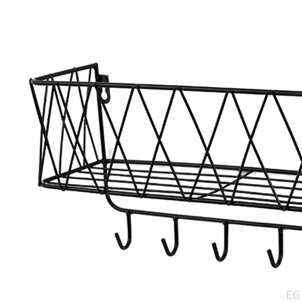 Bathroom Shelf, Kitchen Wall Spice Shelf with 6 Hooks & Rod Letter Tray
