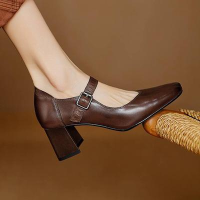 Cow Skin Fashion Spring Autumn Chunky Heels Buckle Straps Women Mary Janes Square Toe Pumps