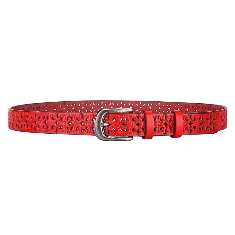 Womens Genuine Leather Belt With Cut-Out Design No-Punch Adjustable Waistband Alloy Buckle Fashionable Office Casual Wear