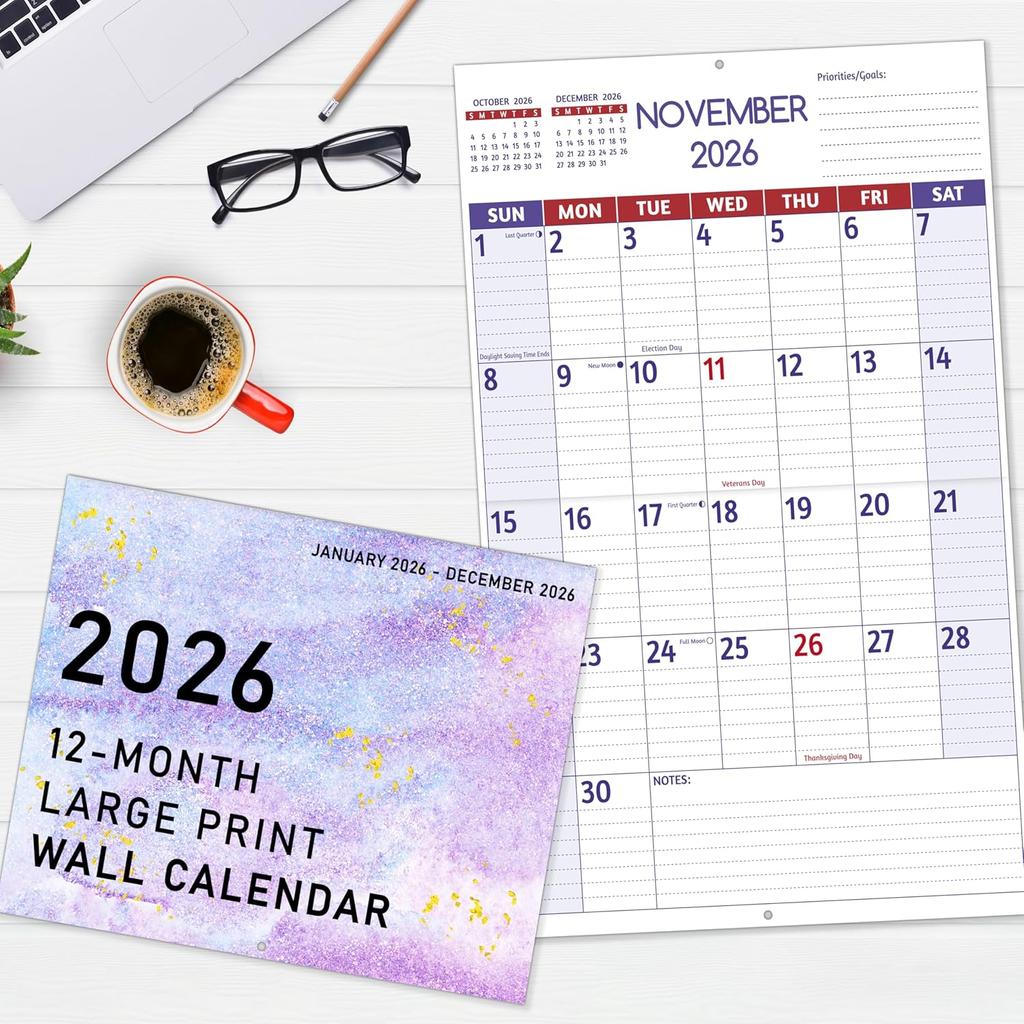2026 Wall Calendar - Large Print Calendar 2026, 12 Monthly Calendar, Jan. 2026 - Dec. 2026, 14.6 x 22.8 In (Open), 2026 Calendar with Big Numbers,
