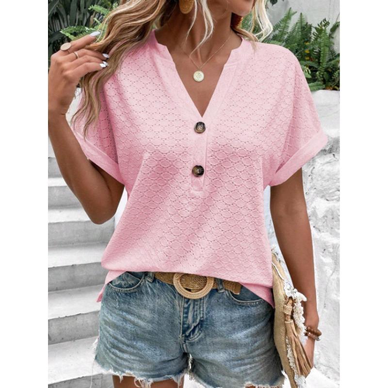 YYFS Women's Fashion Casual Summer Spring Solid Color Print Short Sleeve V-Neck Blouses & Shirts