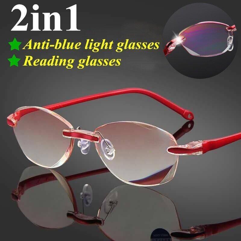 Women'S Reading Glasses Anti Blue Light Magnifier Anti Radiation Rimless Presbyopia Glasses +1.0 To +4.0
