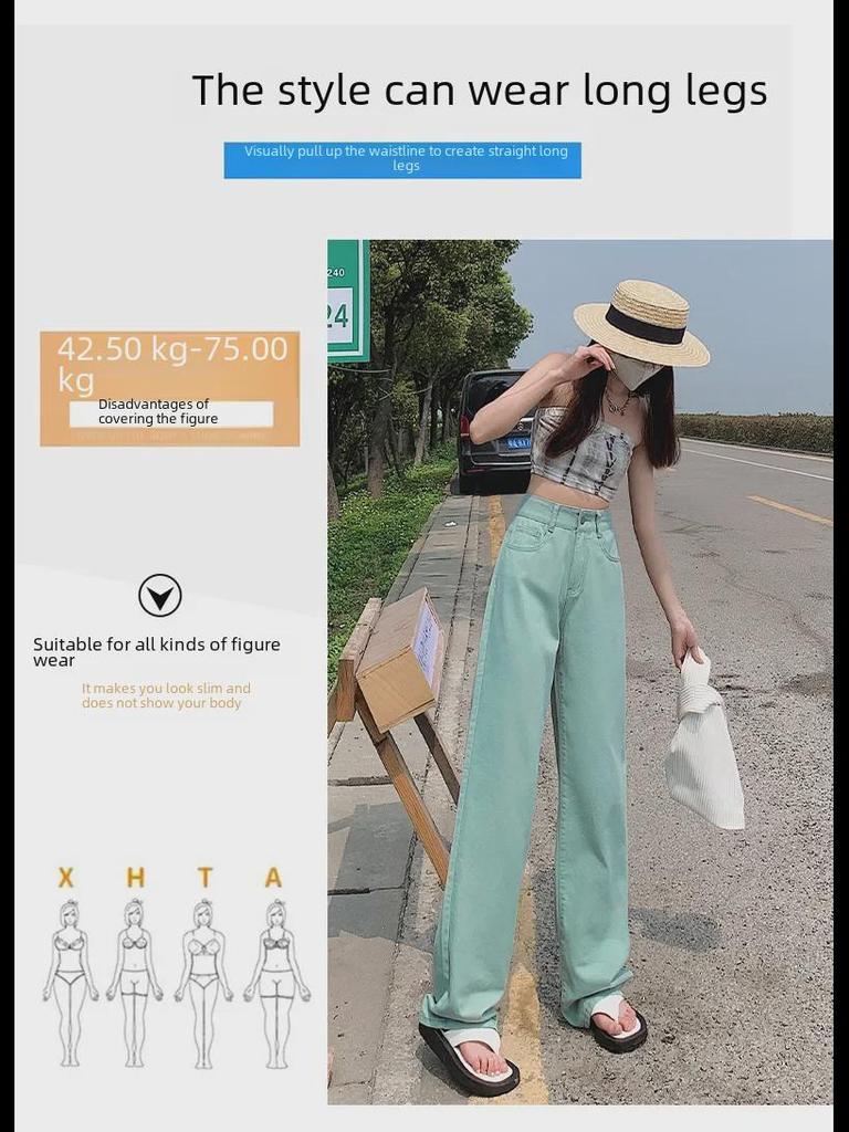 Calças Jeans Femininas Verde Menta de Cintura Alta e Perna Larga, Estilo Coreano, Comprimento até o Chão, Caimento Solto, Tamanho Plus Size, Verão.
