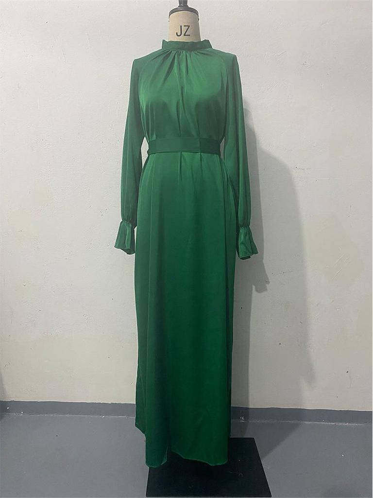 2023 Autumn Solid Color Satin Long-Sleeve Loose Dress with Belt for Women
