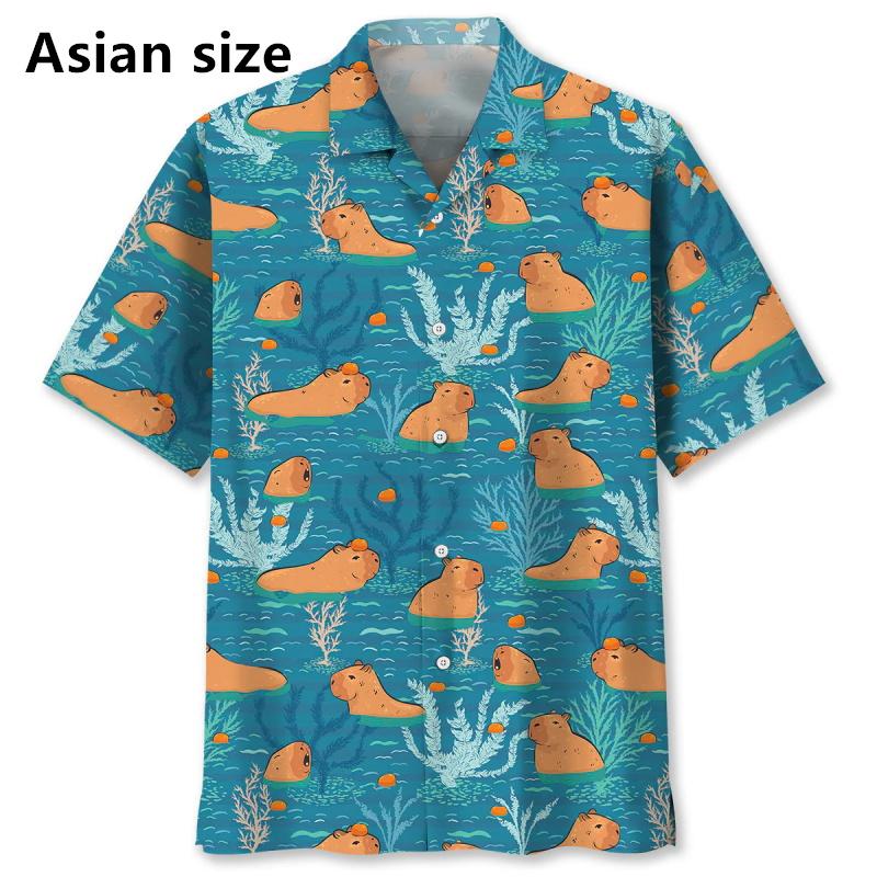 

Смешная милая гавайская рубашка Capybara Pull Up для мужчин с 3D-принтом, короткими рукавами и пуговицами, пляжные рубашки, летняя мужская рубашка Aloha, уличная одежда XL