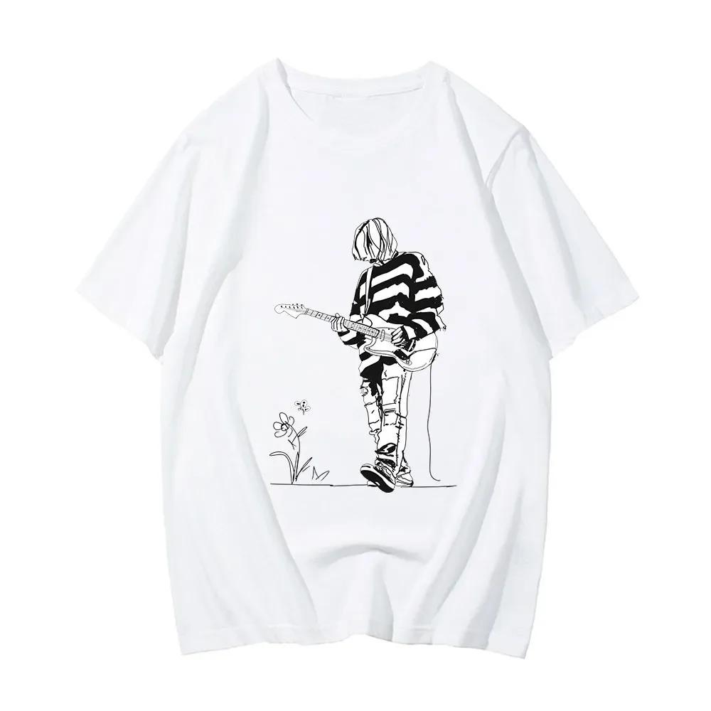 Rock Musc Band Nnirvana T-shirts A Longly MEN Play The Guitar Flower Tshirts Grunge Harajuku T Shirts Cotton Tees Aesthetic