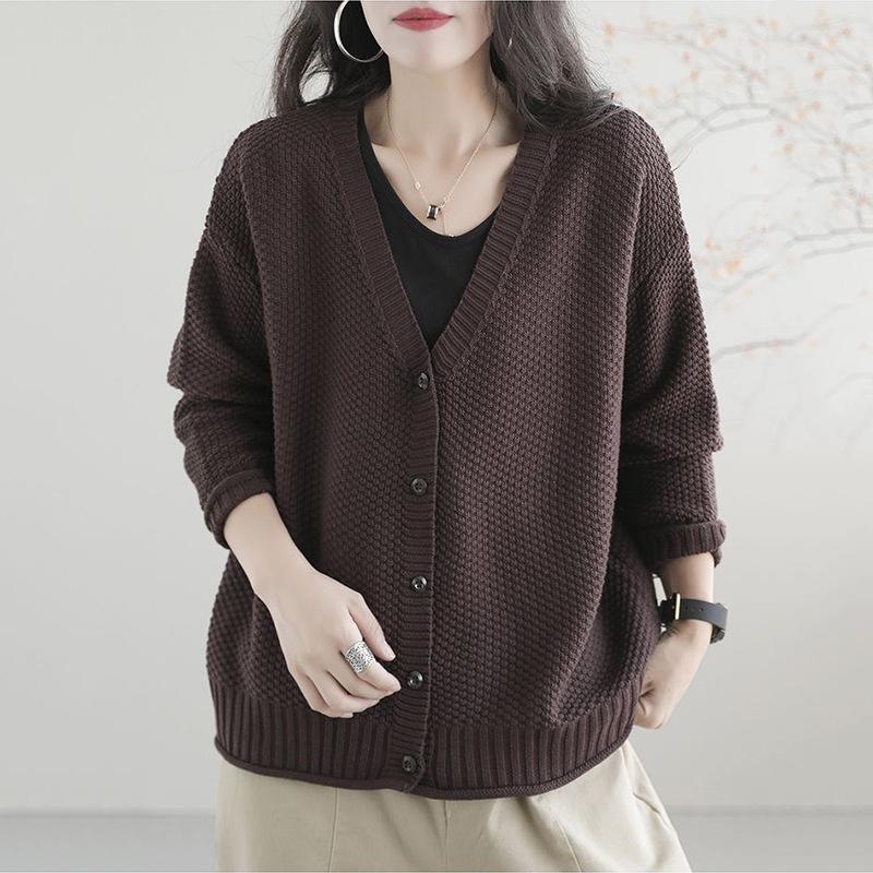 Retro Style Sweater Jacket for Women Spring and Autumn New Style V-neck Loose Knit Cardigan Casual Top