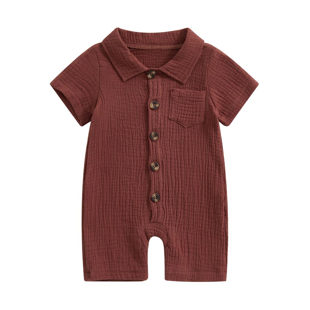 Infant Baby Boy Summer Jumpsuit Solid Color Short Sleeve Lapel Button Down Romper