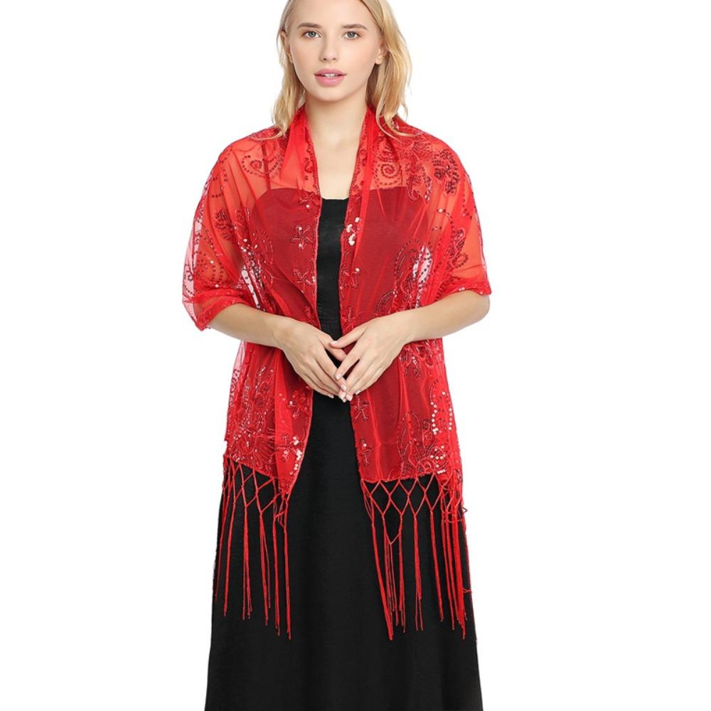 Women Evening Dress Wedding Shawl Solid Color Tassel Party Shawl Scarf Sequined Flower Chiffon Silky Scarf