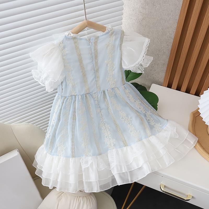 

Детское платье в корейском стиле для маленьких девочек, кружевная одежда для детей, платье с короткими рукавами для девочек, летнее платье принцессы для маленьких девочек 110 синий