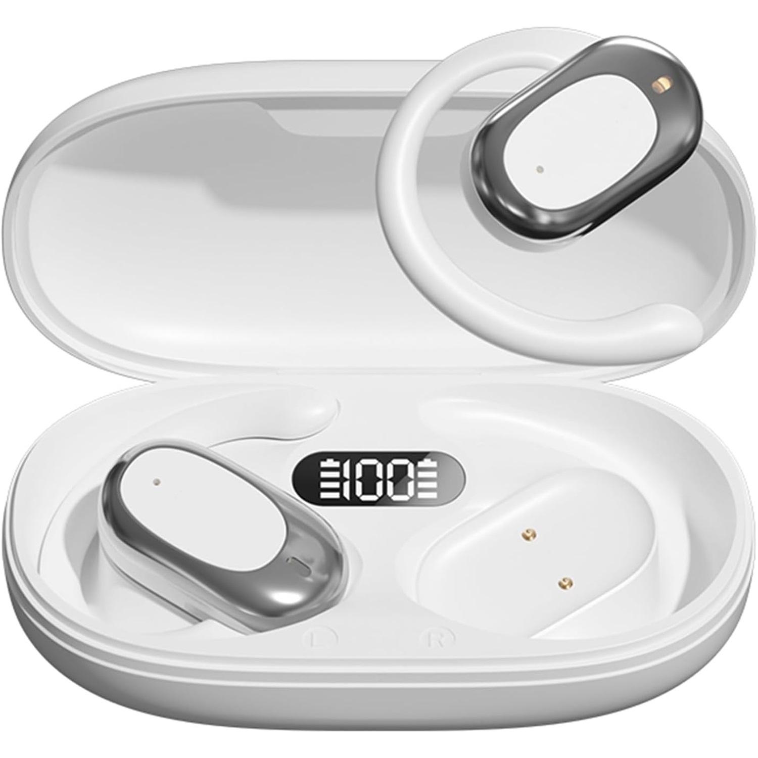 

Навушники з відкритими вухами Бездротові навушники-вкладиші Регульовані вушні гачки Потужний звук Чіткі дзвінки Світлодіодне освітлення Тривалість відтворення 36 годин Багатоточкове підключення Bluetooth 5.4 білий