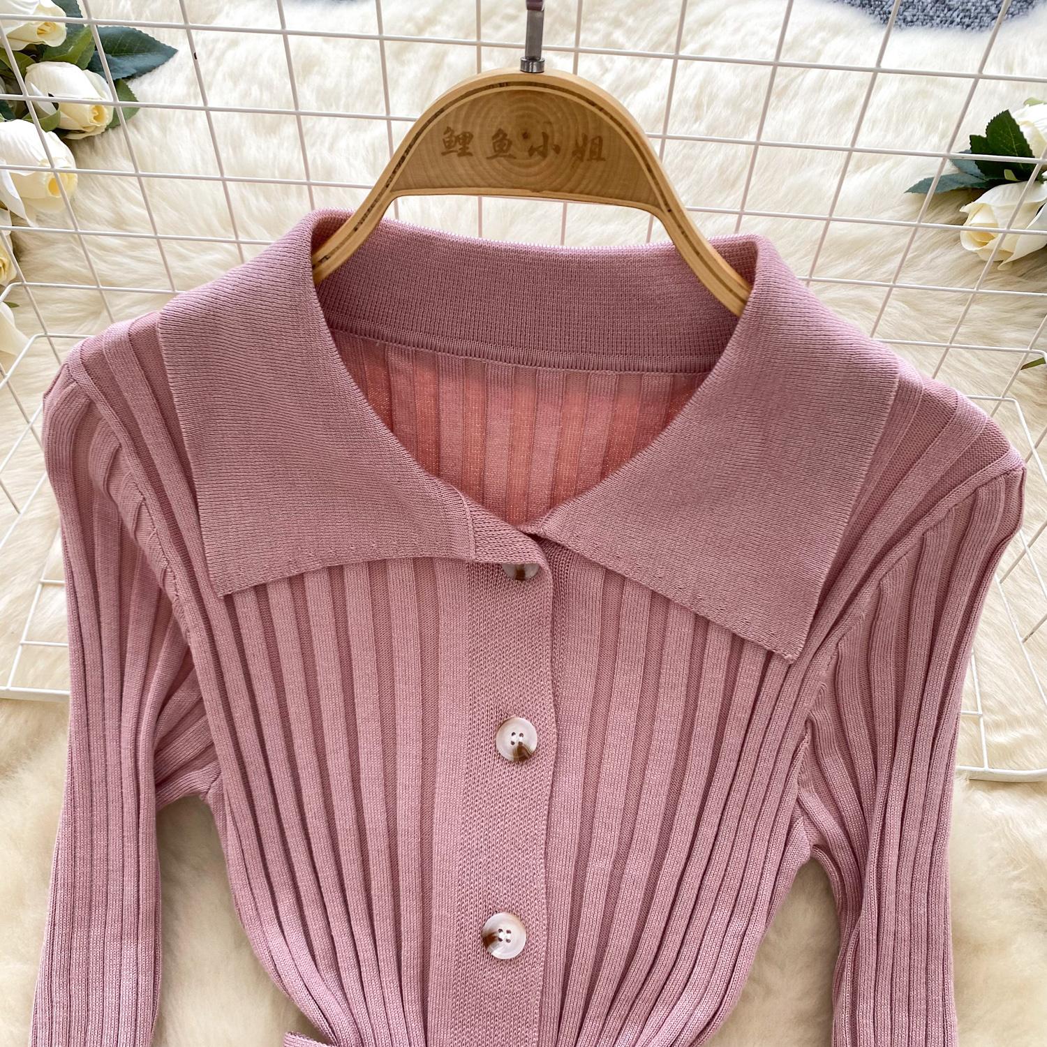 Винтажное отложной воротник элегантное длинное рукав однобортное бандажное трикотажное — фото 22