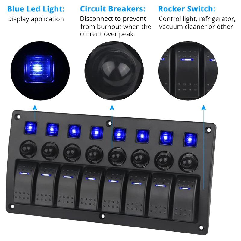 Painel de interruptores de balancim para barco marinho de 8 vias com disjuntores, painel de interruptores LED 12V 24V para barco, trailer, caminhão, acessórios