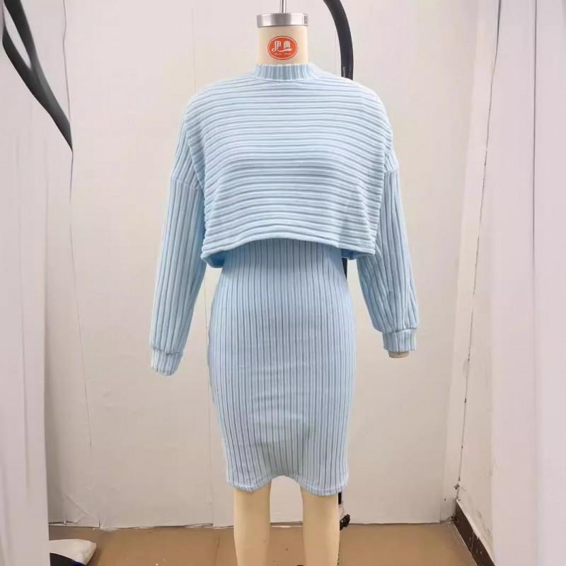 Womens Casual Two-Piece Set Long Sleeve Top Slip Skirt With Ribbed Texture Street Style Outfit