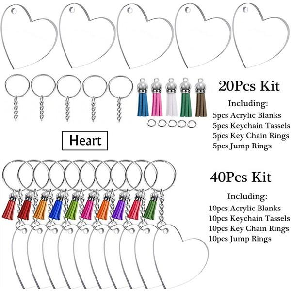 Brelocuri acrilice, în vrac, 20/40/80 buc. Kit de ornamente acrilice, spate transparente, ciucuri, lanț cheie, inele de salt pentru vinil, bricolaj, breloc
