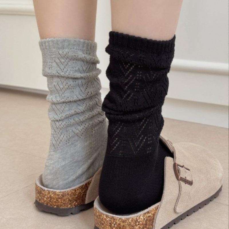 This Spring and Autumn Collection Features Solid-color Hollowed-out Mesh Pile Socks, Mid-calf Socks That Slimmer Legs, and Retro Style Socks