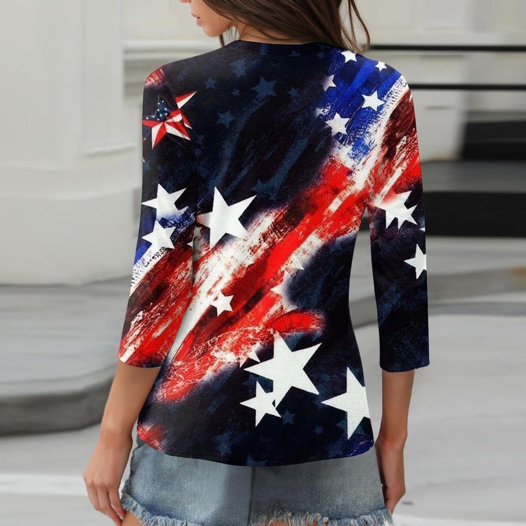 3/4 Length Sleeve Womens Tops Print Vintage Fashion Casual Loose With V Neck Plus Size Shirts Independence Day