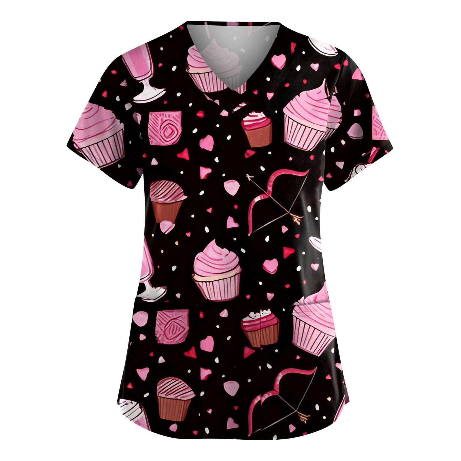 

Женская мода с коротким рукавом, симпатичным принтом животных, V-образным вырезом, карманом, рабочая одежда, топы L розовый