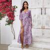 Summer Floral Print Women Dress V-Neck Casual A-Line High Waist Short Bubble Sleeve Straps Ankle-Length Slit Spring Dresses