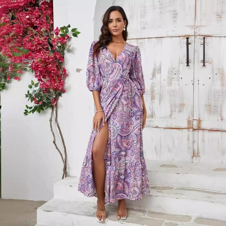 Summer Floral Print Women Dress V-Neck Casual A-Line High Waist Short Bubble Sleeve Straps Ankle-Length Slit Spring Dresses