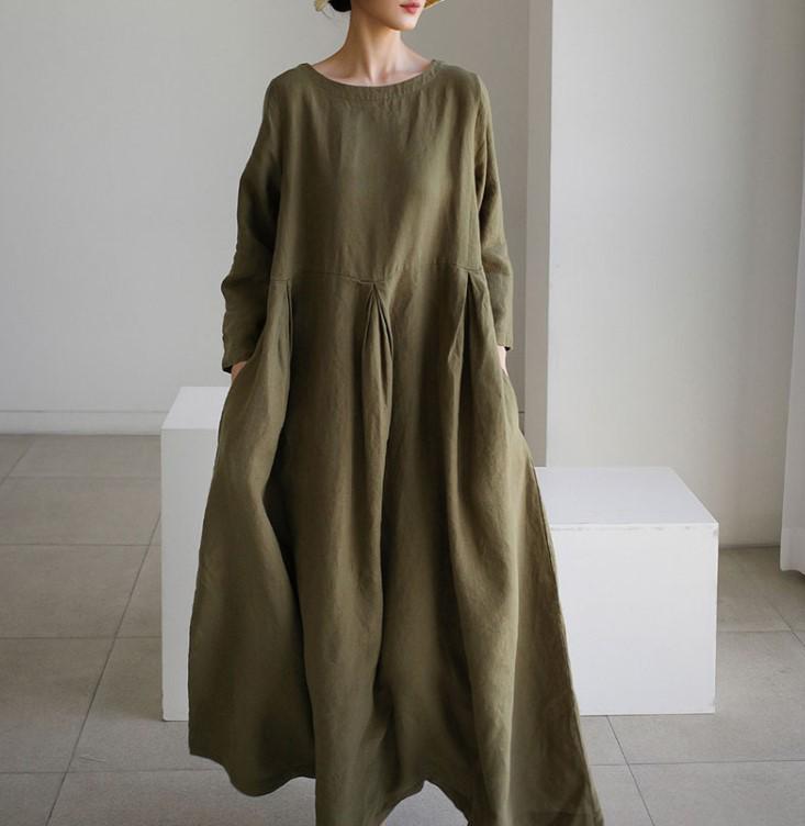 2024 Oversized Plus Size Cotton Linen Dress, Round Neck, Solid Color Swing Skirt - Japanese Korean Style