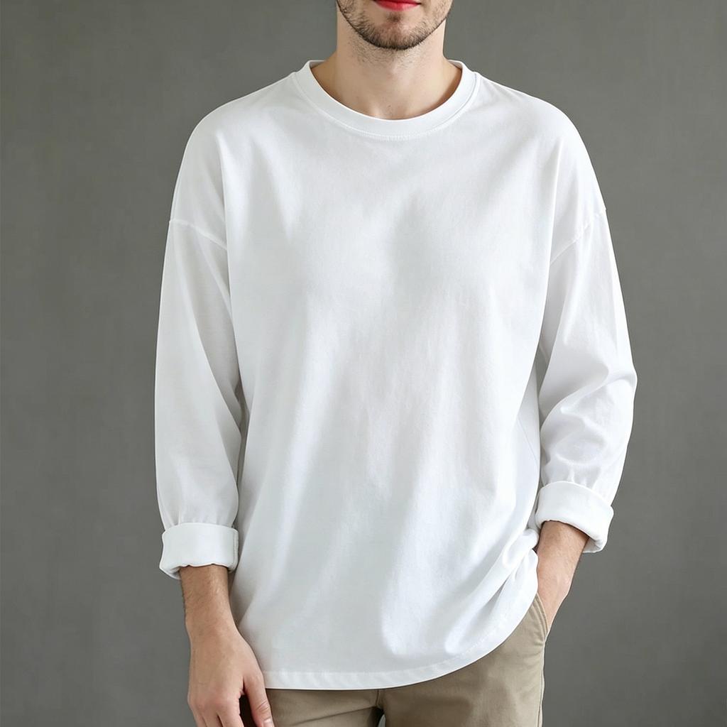 Classic Mens Big and Tall Shirts Cotton Long Sleeve Crewneck Casual Tops Plus Size Basic Tee Shirts Business Loose Men T-shirt
