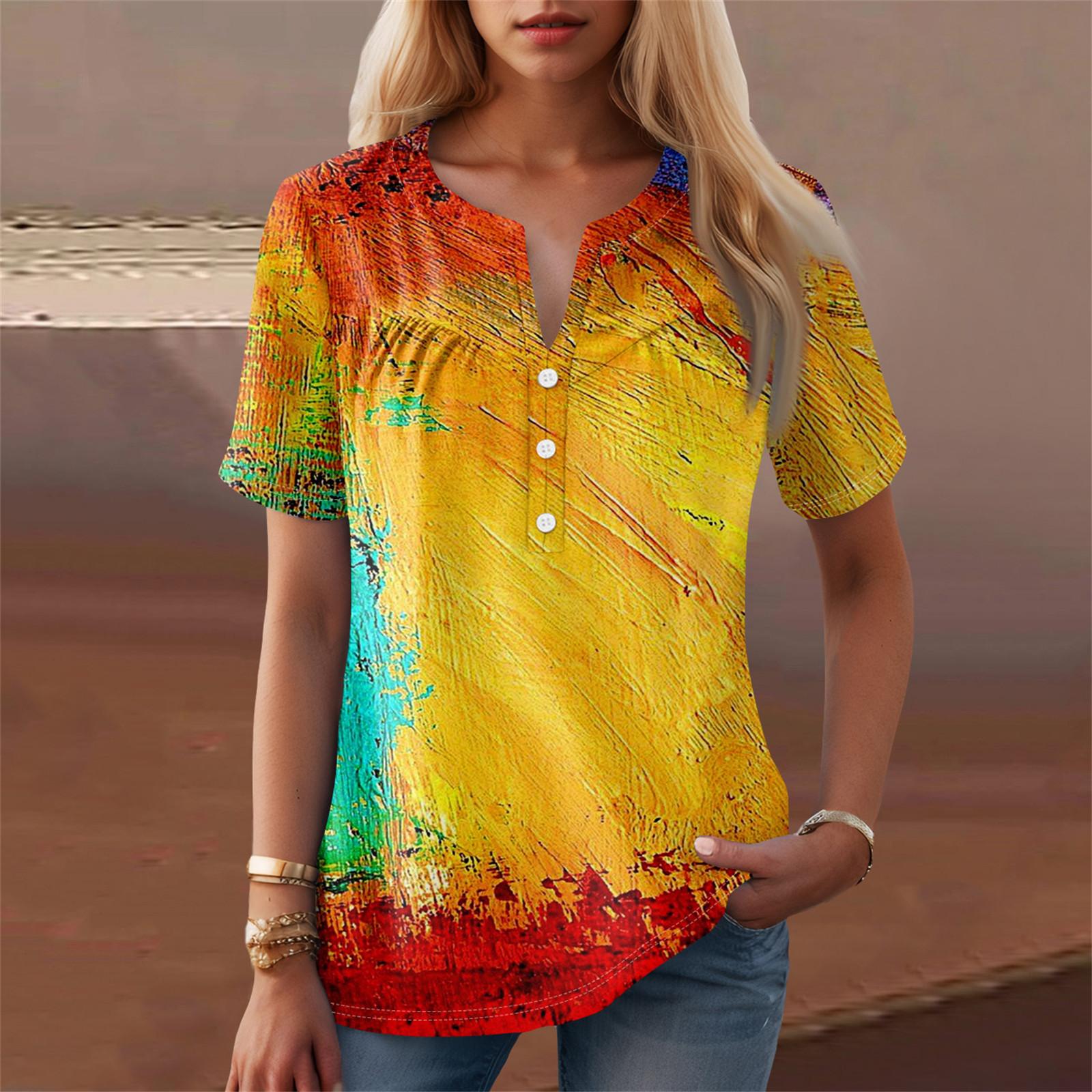 

Женская повседневная футболка с v-образным вырезом и коротким рукавом с цветочным принтом и декоративными пуговицами, топ XL оранжевый