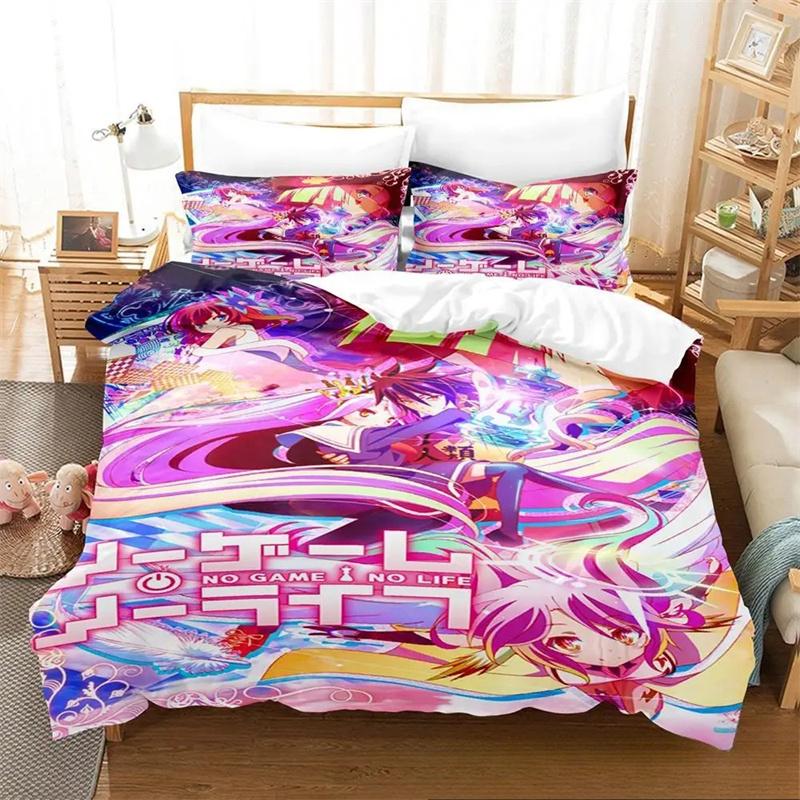 3D-Bettwäscheset „No Game No Life“ für Anime, Bettbezug, Bettgarnitur, Steppdecke, Kissenbezug, King-Size-Bett, Queen-Size-Bett, Twin-Size-Bett, Jungen, Mädchen, Erwachsene