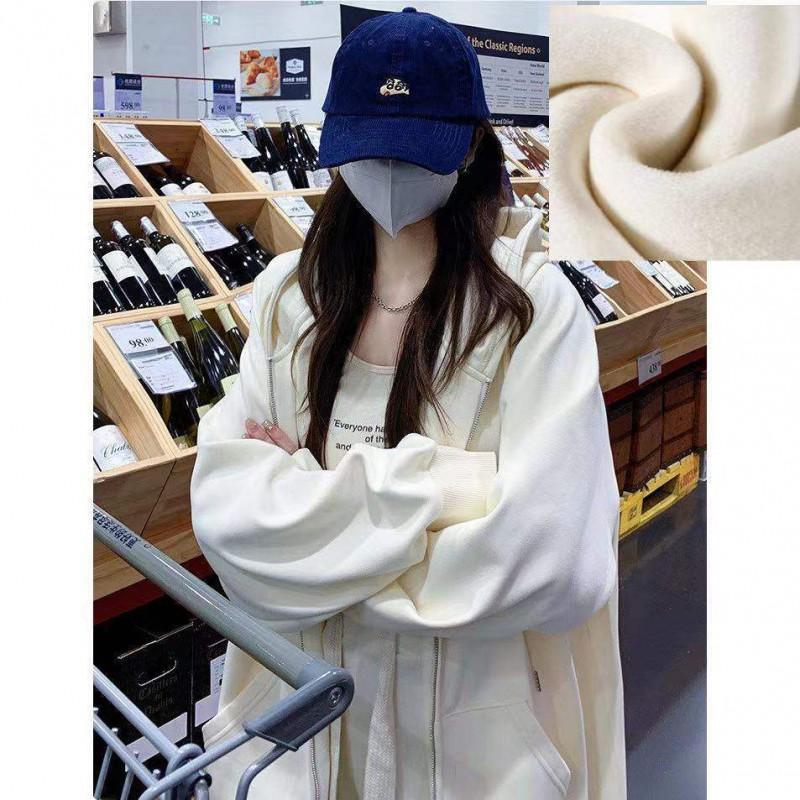 Oversized French Chic Hooded Sweatshirt Jacket Women Soft Fleece Lined Casual Streetwear Loose Fit
