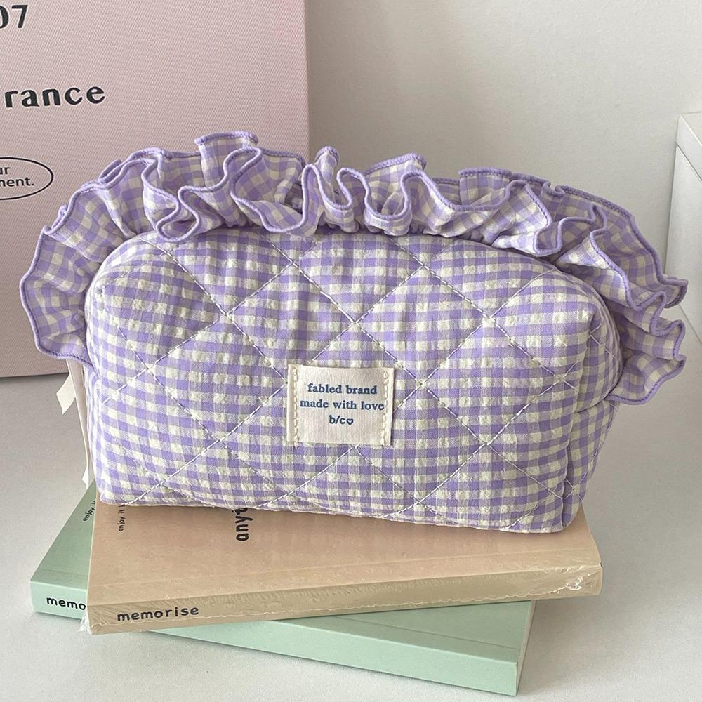 with Zipper Cosmetic Cases Plaid Pattern Toiletry Organizer Sweet Ruffle Makeup Bag  Girl