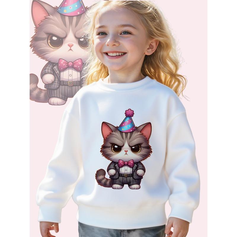 Kids Crewneck Sweatshirt, Chibi Cat Party Paws Cute Graphic Print, Soft Casual Long Sleeve Pullover