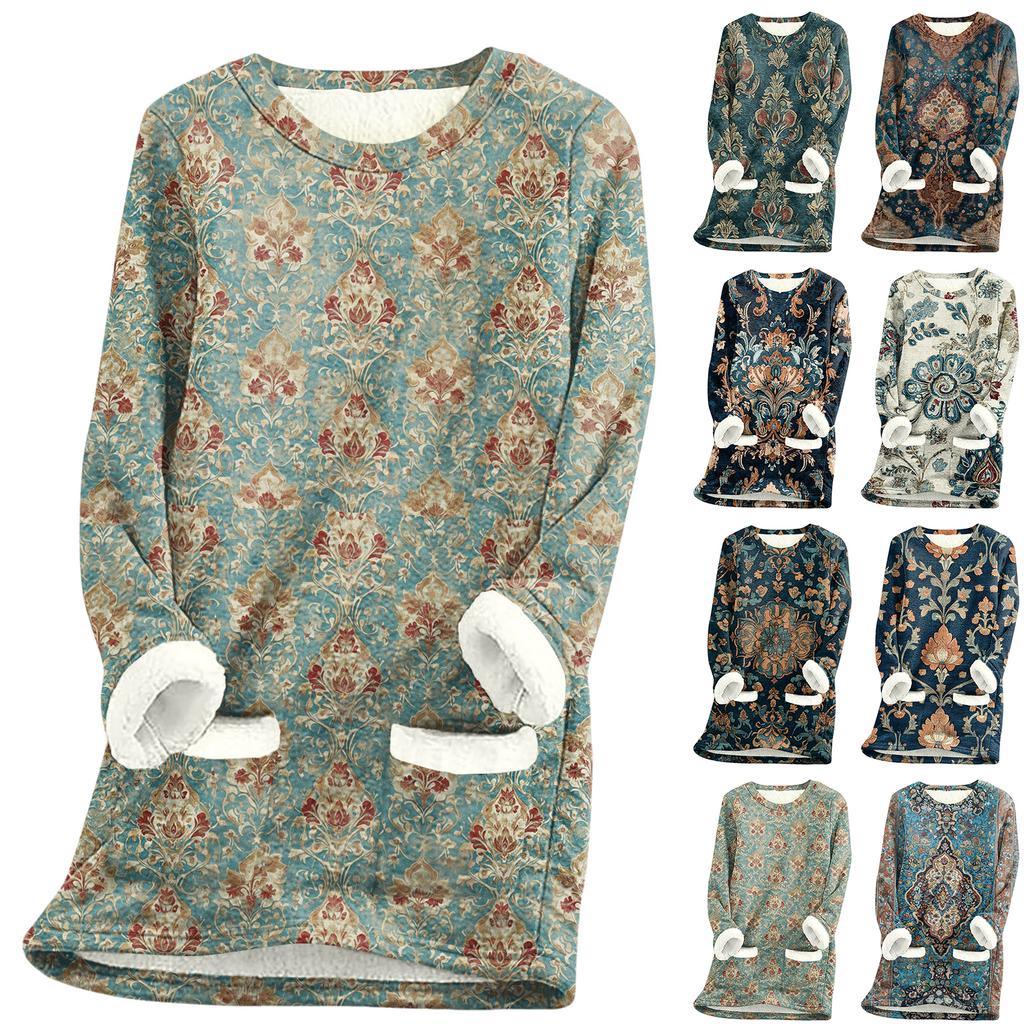 Dámský top s kulatým výstřihem s potiskem, zahuštěný plyšový kašmírový hřejivý dlouhý top