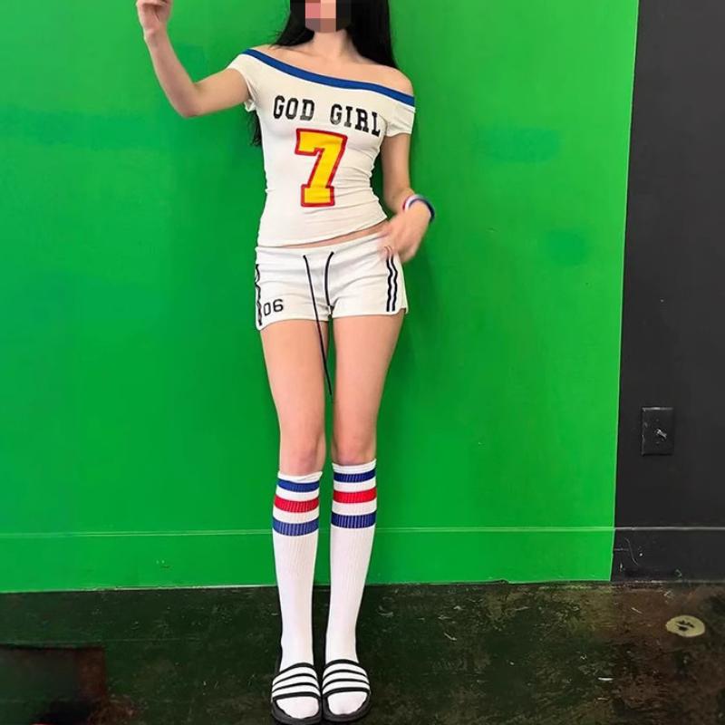 

European and American summer street fresh retro letter printed one shoulder T-shirt S білий