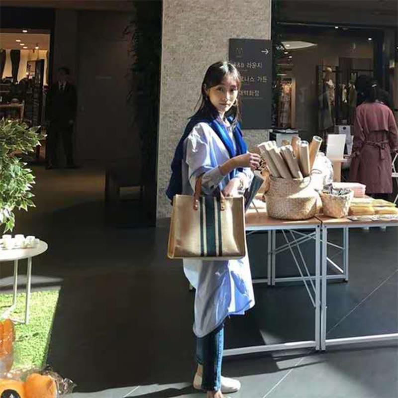 Korean Style Striped Canvas Shoulder Briefcase for Women