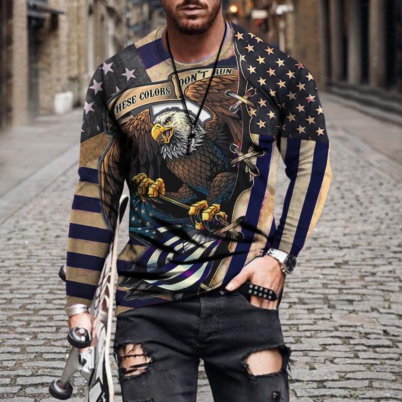 

Мужская футболка с 3D-цифровой печатью, трендовая повседневная универсальная футболка с длинными рукавами и круглым вырезом S темно-синий