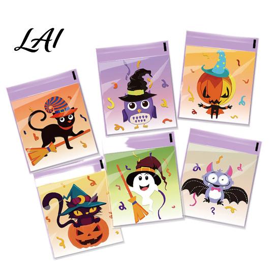 Self Adhesive Treat Bags 100 Pcs Small Halloween Bags Seal Clear Candy Dessert Snack Cookie Trick or Party Favors for Holiday Cute Cartoon Pouches