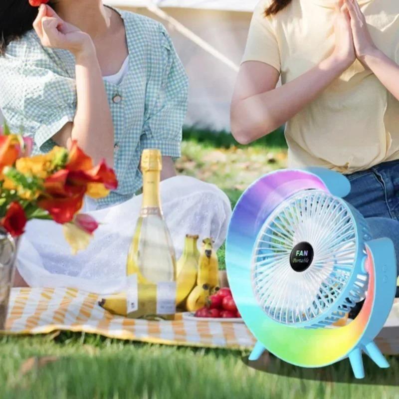 Portable USB Rechargeable Desk Fan with RGB LED Night Light 3 Speed Quiet Air Circulation Fan 360 Adjustable Home Office Bedroom