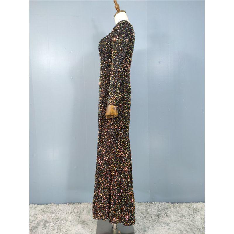 Export Single Sexy Banquet Party Fashion Shiny off-the-Shoulder Long Sleeves Sequin Waist Retro Diagonal Collar Jumpsuit Dress