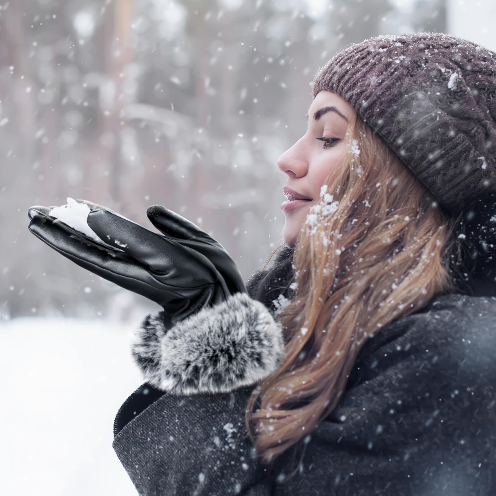 Модные зимние перчатки женские черные водонепроницаемые искусственные кашемировые кожаные — фото 7