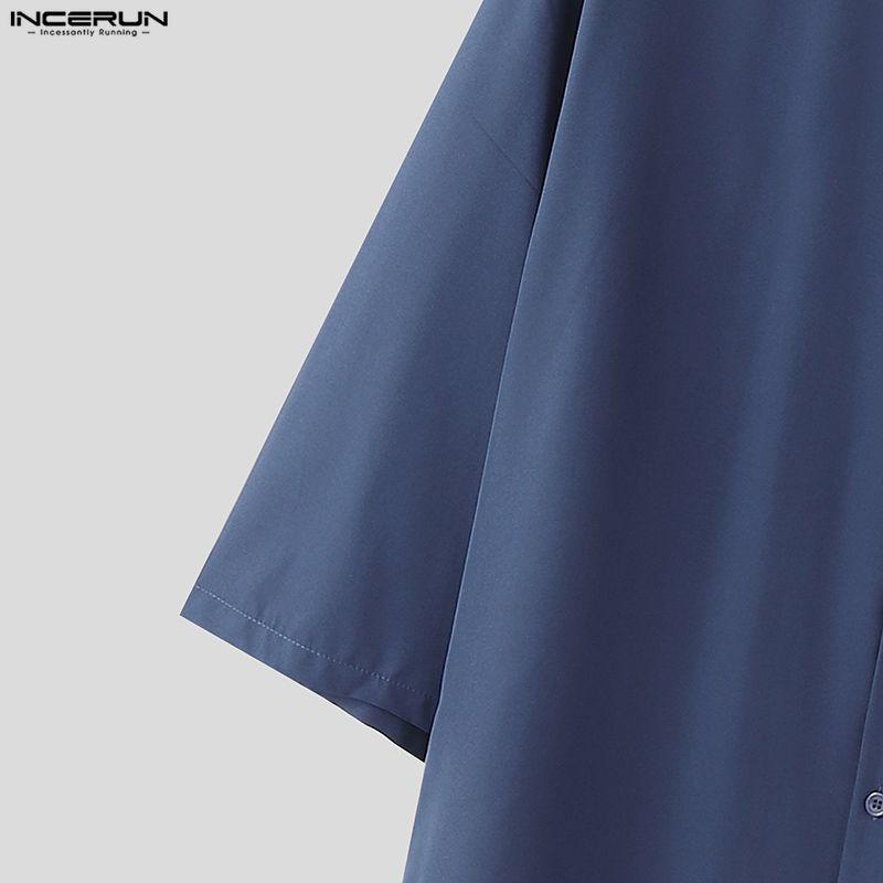 INCERUN Summer Men Stand V Neck Short Sleeve Splits Casual Long Shirts