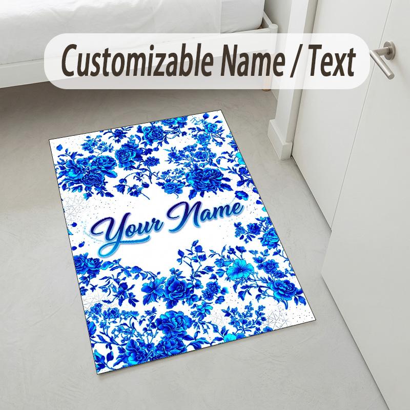 Blue Floral Elegance Theme Soft Crystal Velvet Rug Custom Name & Text Print Non Slip Floor Rug for Bedroom Living Room