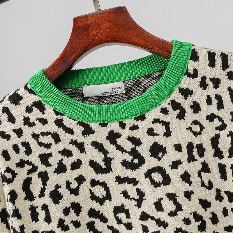 Leopard Print Women's Color Block Knit Sweater - Autumn/Winter Loose Pullover