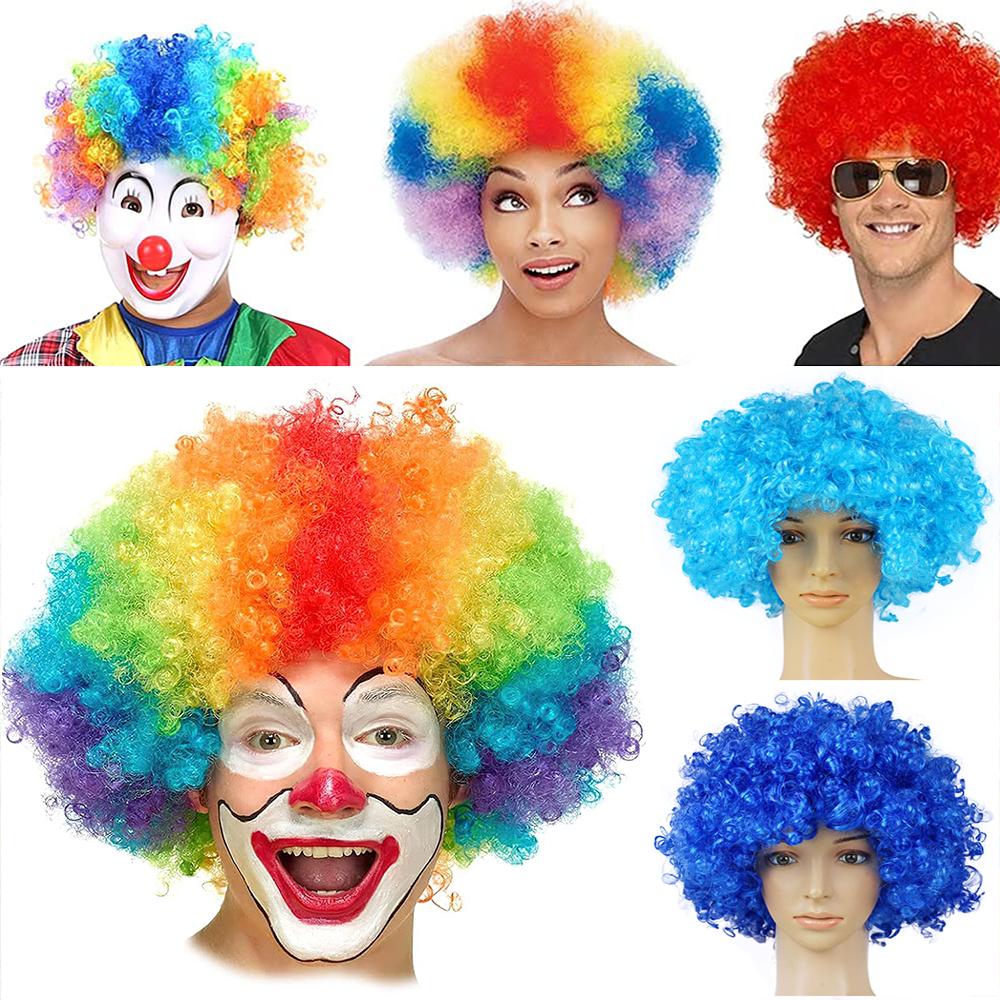 Clown Wig Afro Curly Synthetic Wigs Cosplay for Men Women Mardi Gras Party Wig Red Green Yellow Blue Colorful Wigs Clown Nose