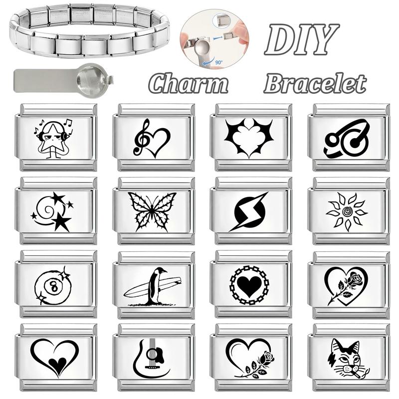 Laser Engraving Eyes Star Music Note Flowers Ball Sun Italian Charm Links Fit 9mm Bracelet Stainless Steel Women DIY Making Gift