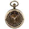Luxury Vintage Intricate Wings Skeleton Mechanical Pocket Watch Elegant Pendant Clock Roman Numeral Dial Bronze Chain Timepiece