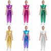 Tenue de Danse Jazz pour Enfants Crop Top Sans Manches à Col Montant Orné de Strass avec Volant Métallique et Pantalon Cargo Brillant pour Routine Hip-Hop