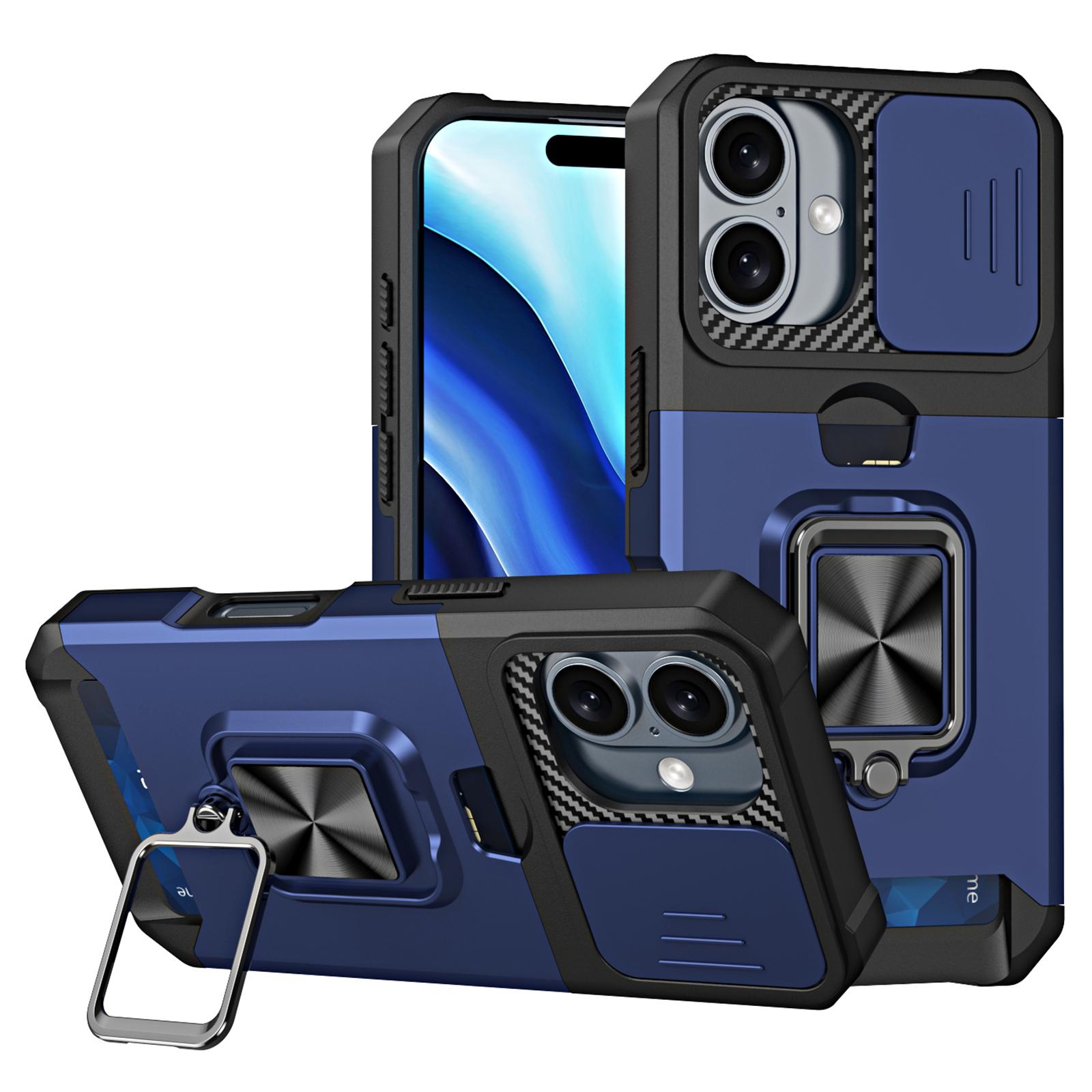 For iPhone 16 Plus Kickstand Case Slide Lens Lid PC+TPU Phone Cover with Card Slot C