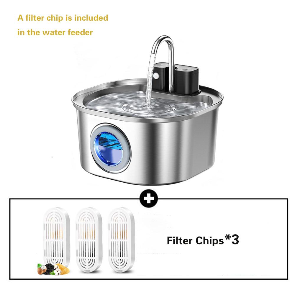 Alimentateur d'eau pour chat sans fil avec capteur de charge 3,2 L / 108 oz Fontaine à eau pour chat et chien en acier inoxydable Fenêtre de niveau d'eau silencieuse Sans prise L&3.2L